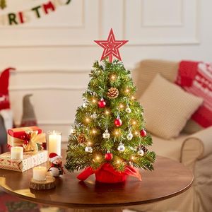 Petit sapin de Noël de table avec 30 lumières, boules étoiles, baies rouges, cônes de pin, mini sapin artificiel décoré pour Noël - Product Image 4