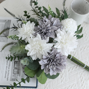 Weiwei <b>Bouquet</b> <b>Artificial</b> Dahlia <b>Bouquet</b> White And Gray Silk Flowers High Simulation Wedding Home Decor Props - Product Image 3