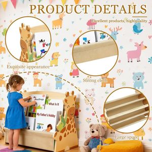 Étagère à livres pour enfants, double face, en bois, avec poches en toile robustes, bords arrondis, bibliothèque pour chambre d'enfant, rangement de jouets - Product Image 4