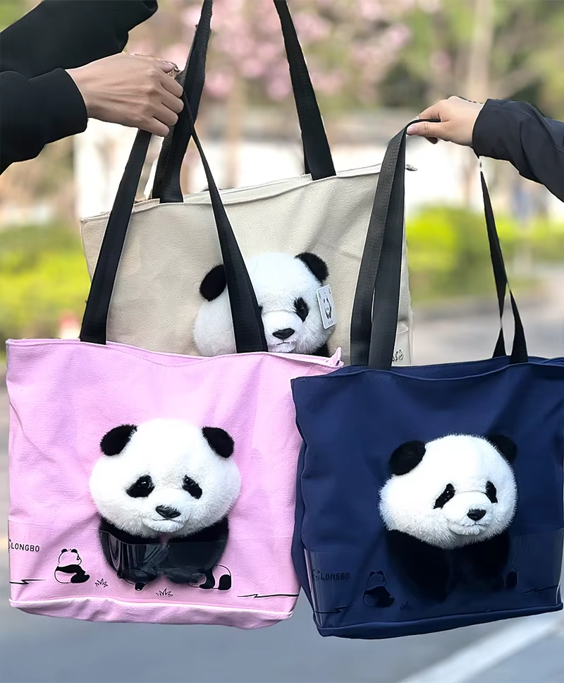 3D Plush Panda Character Canvas Outdoor Handbag 3D Promotional Tote Bag for Food Storage Indoor and Outdoor Use Cartoon Tote