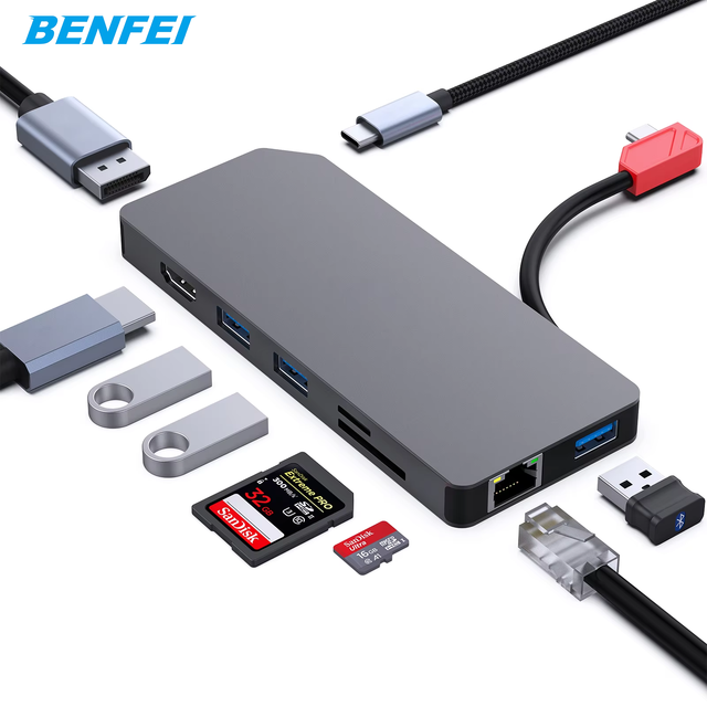 9-in-1 Customizable Portable Docking Station USB C MST Hub for Dual Monitor 3*USB Type-A 1*USB Adapter Connector DC for Laptop