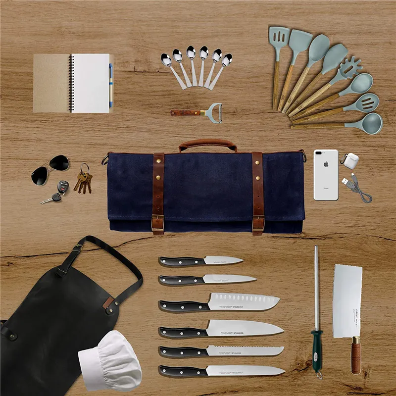 High Quality Leather waxed canvas Chef Tool Kit Knife Roll Storage Bag chef knife bag