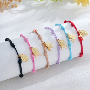 Joyería Religiosa Boho Hecha a Mano, Amuleto <span class=keywords><strong>de</strong></span> la Virgen María y Cruz, Pulsera <span class=keywords><strong>de</strong></span> Cordón Ajustable para Mujeres y Hombres - Product Image 1