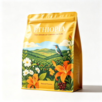 Sachet de café personnalisé imprimé, qualité alimentaire, à fond carré, scellé sur huit côtés, en feuille mate, avec fermeture éclair et valve de dégazage unidirectionnelle pour café torréfié