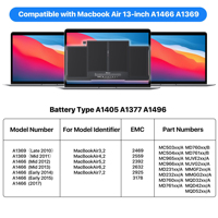Batterie de remplacement pour ordinateur portable A1466 pour MacBook Air 13 A1466 (mi 2012/2013, début 2014/2015/2017) A1369 (fin 2010/mi 2011)