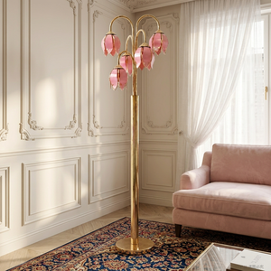 Lampadaire Tulipe Rose Haute pour Coin de Salon - Luminaire sur Pied avec Base Dorée E26 - Product Image 4
