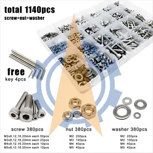 Boîte M2 M3 M4 M5 A2 304 acier inoxydable boulon écrou rondelle ensemble Assortiment Kit Allen hexagone à six pans creux capuchon tête boulon vis