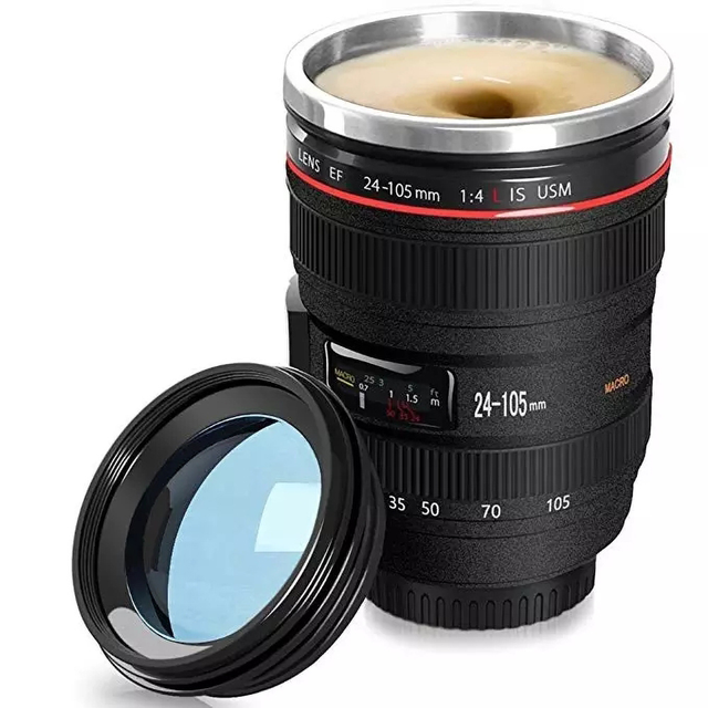 Custom Sublimation Stainless Steel Camera Ef24-105mm Black Thermal Self Stirring Camera Lens Mugs