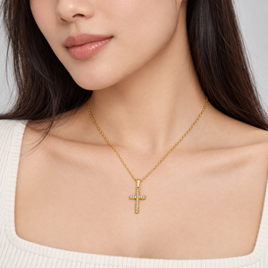Collar con Cruz de Circonio, Acero Inoxidable, Chapado en Oro de 14K al Vacío, Cadena con Colgante de 42+5.5 cm, 2.5 g - Product Image 5