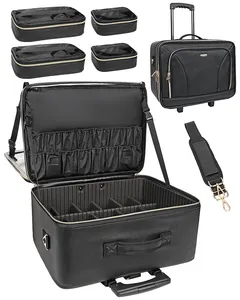 Relavel Trolley Plus Size Cosmetic Case Cross Grain Black Makeup Artist Portable Bag With Adjustable Divider