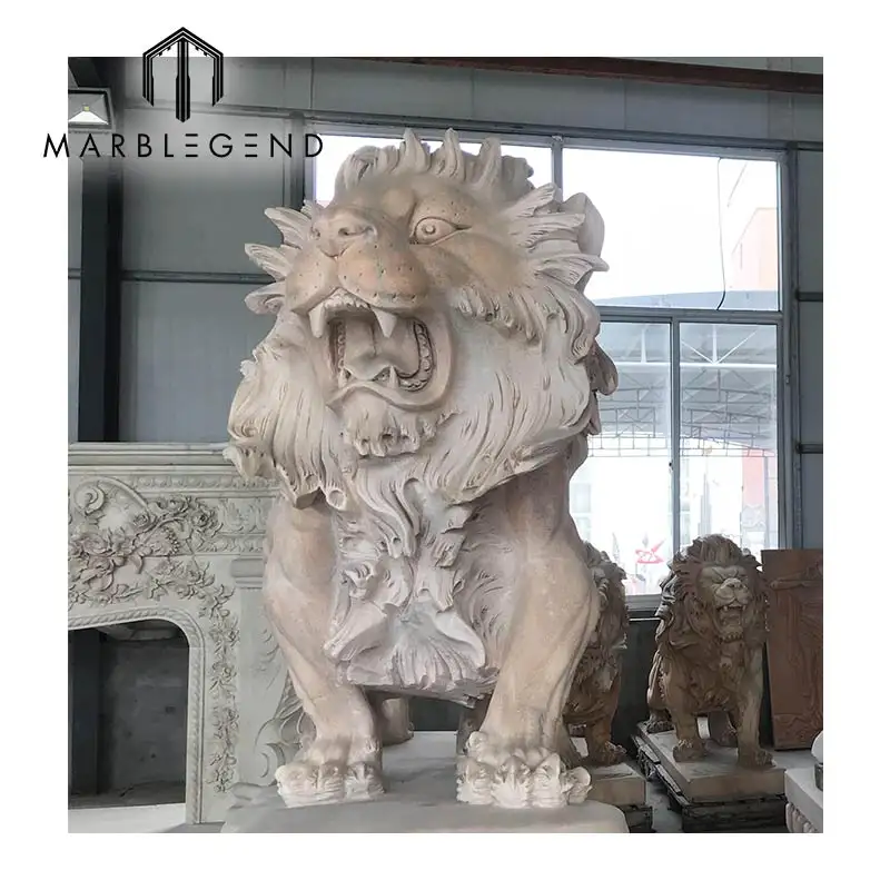 Estatua tallada a mano personalizada para decoración de jardín, escultura de animal de León y mármol de tamaño real