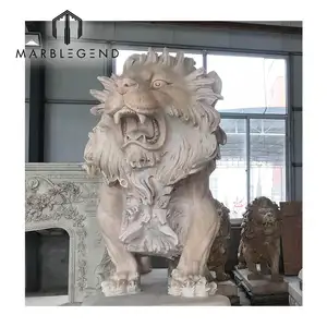 Custom Hand Gesneden Tuin Decoratie Levensgrote Marmeren Leeuw Standbeeld Dier Sculptuur