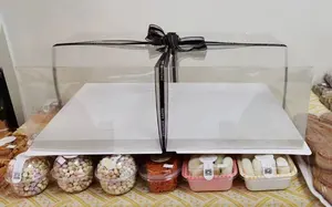 사용자 정의 로고 생일 파티 빅 클리어 스퀘어 PET 키가 큰 케이크 상자 포장 스위스 롤 투명 플라스틱 케이크 상자 리본 투명