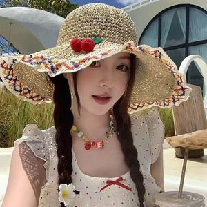Cherry Ribbon <b>Straw</b> <b>Hat</b> Wide Brim Foldable Sun Protection Beach Vacation <b>Hat</b> For Women Fresh Sweet Style Summer Sunshade - Product Image 1