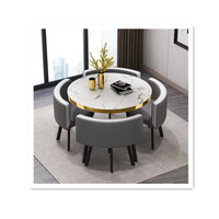Meubles au design simple et moderne, table ronde blanche, tables à manger avec 4 chaises en PU en tissu de couleur jaune