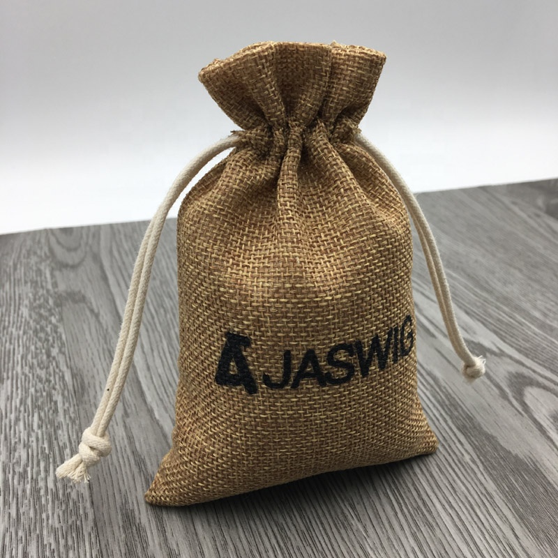 Custom Logo Printed Burlap Hessian Coffee Christmas Gift Drawstring Jute Gunny Pouch Brown Cotton String Jute Bag