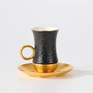 Customized Unique Floral Embossed Luxury 12 Pcs Black Gold Ceramic Cup And Saucer Set Turkish Coffee Cup Sets With Gift Box