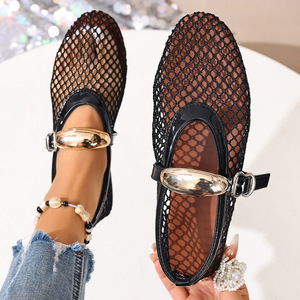 Women's Summer Flat Ballet Shoes with Fish Mesh Design <b>Slip</b>-On Closure Fashionable Buckle Soft Doll Feature Rubber Insole - Product Image 5