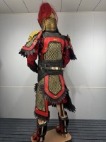 Vestes et Manteaux de Guerrier Chinois Ancien avec Chaîne Dorée, Costume de Guerrier Rouge et Noir, Plume Rouge, Casque Doré, Visage Historique