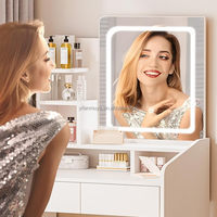 Ensemble coiffeuse moderne en bois avec miroir LED, étagère de rangement ouverte, tiroir et tabouret rembourré pour chambre à coucher