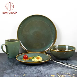 Voor Supermarkt Online Winkelen Groothandel Leveren Vintage Groene Glazuur Keramische Kopjes Kommen Borden Servies Servies Diner Set