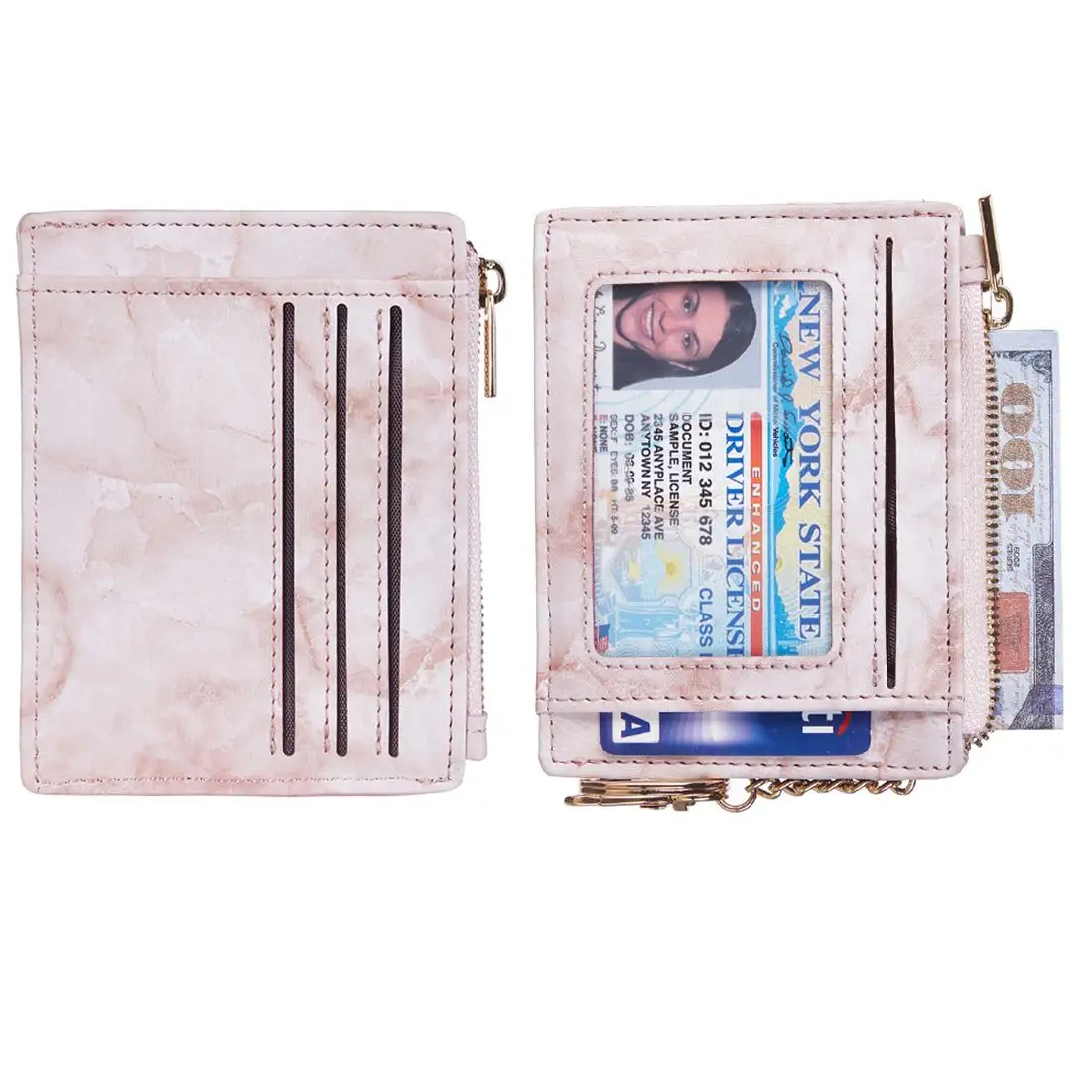 도매 가격 사용자 정의 로고 및 인쇄 슬림 가죽 체인 카드 홀더 지갑 여성