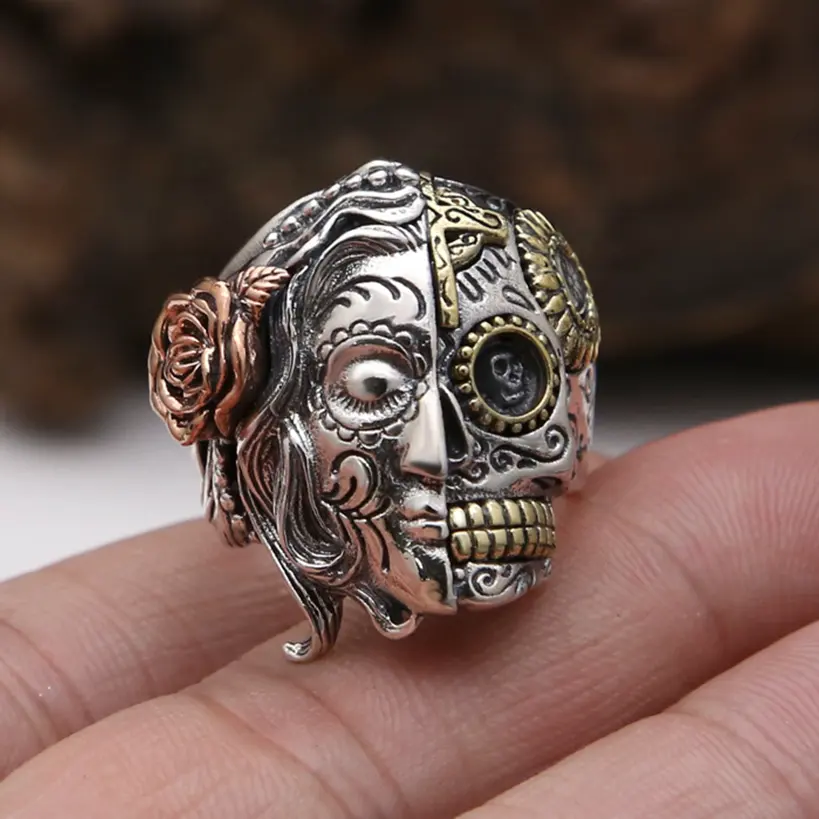 Solid antique thai silver 925 sterling silver vintage skull man skull band ring
