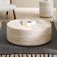 Table basse ronde moderne avec rangement pour salon, motif faux MARS, design texturé imitation travertin, pas de montage requis