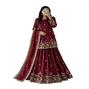 Conjunto de Lehenga Choli Dupatta de Lujo en Seda Bordada Color Granate, 3 Piezas, para Bodas Indias y Pakistaníes, Ropa de Fiesta de Invierno, con Bordado Zari - Product Image 1