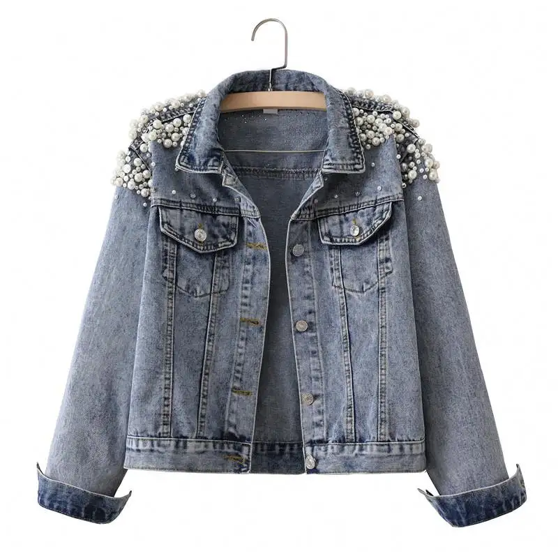 Veste en jean perlé bleu Jean longue perlée recadrée sans manches dames surdimensionné clou perle gemme embelli mme mariée veste en jean