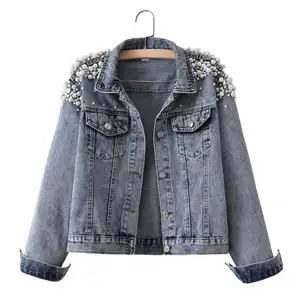 Jaket Denim Mutiara, Jaket Denim Mutiara Biru Panjang Dipotong Tanpa Lengan Wanita Ukuran Besar Permata Kuku Dihiasi Jaket Denim Mrs Bride