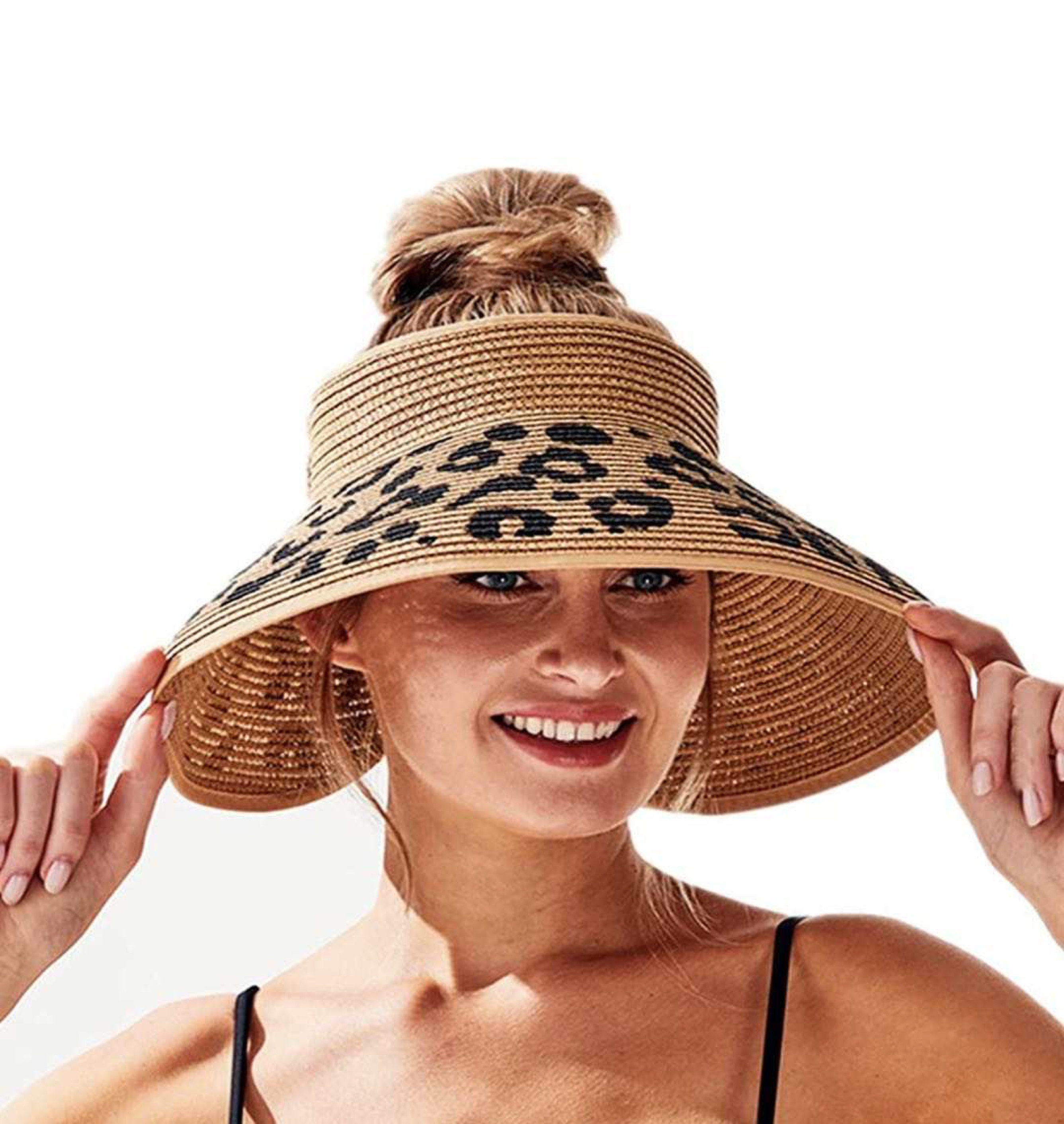 Женская соломенная шляпа от солнца с широкими полями шляпа закатывающиеся Леопардовый принт Складная летняя пляжная шляпа солнцезащитный козырек пляж кепки