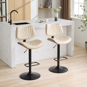 Walnut Bentwood <b>Bar</b> <b>Stools</b> Mid Century Modern <b>Adjustable</b> Counter Height Black Leather Upholstered 360Swivel Home <b>Bar</b> Hotel Set 2 - Product Image 3