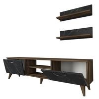 Meuble TV Ayden en aggloméré de luxe exclusif, design moderne avec panneaux en bois, finition marbre et noyer, fabriqué en Turquie, idéal pour salon et hôtel