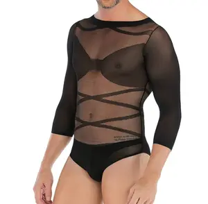 WN190021 Jumpsuit Pria Lengan Panjang menarik Tank Top pakaian dalam Lingerie seksi tembus pandang Bodysuit transparan untuk pria