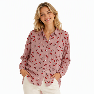 Camicie e Bluse da <span class=keywords><strong>Donna</strong></span> Personalizzate, 100% <span class=keywords><strong>Viscosa</strong></span> con Stampa Ciliegie, Manica Lunga, Casual, Colletto Rovesciato - Product Image 1