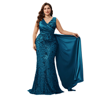 Robe de soirée sirène drapée en satin à col en V grande taille IMPEREAL, ornée de sequins floraux, pour soirée formelle et gala, avec traîne latérale