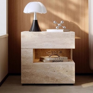 Comodino Moderno Effetto Travertino Eco-Friendly con Illuminazione LED, Tavolino da Notte in Finta Pietra, Arredamento Minimalista Nordico in Legno per Hotel - Product Image 1