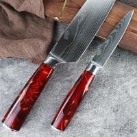 Couteau de chef japonais en acier inoxydable Damas, trois pièces, pour gaucher, jetable, fait main, manche en résine rouge, tranchant, laser