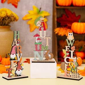 Ornement en bois de bienvenue pour l'automne, motif animal de dessin animé et lettre, décoration de table style campagnard, en buis - Product Image 3