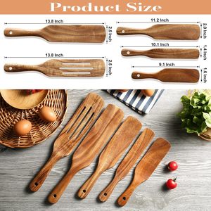 Spatules en bois de teck naturel antiadhésives, cuillères à trous en bois d'acacia, ensemble d'ustensiles pour la cuisine à domicile - Product Image 6