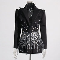 Jas wanita elegan, mantel jas wanita elegan, jaket blazer penampilan panggung, kerah V, aksen mutiara kancing tunggal