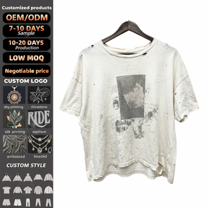 เสื้อยืดคอตตอนทรงบ็อกซี่ฟิตสไตล์วินเทจขาดๆ แบบสตรีทแวร์ น้ำหนัก 240 กรัม ผ้าฟอกสี ผู้ผลิตเสื้อยืดเปล่า TKAN912 รับผลิตตามแบบ - Product Image 1