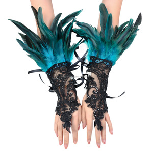 Women's Halloween Bleached Pattern Lace Hook Gloves Dark <strong>Feather</strong> Sleeve <strong>Cuffs</strong> for Party Cosplay Carnival Stage Show Costume - Product Image 5
