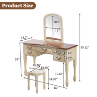 Coiffeuse vintage 46 pouces avec miroir à cadre floral incurvé, table de maquillage élégante avec 5 tiroirs et tabouret en cuir