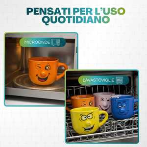 Ensemble de 4 tasses à petit-déjeuner en porcelaine multicolores avec visages amusants, 450 ml, compatibles lave-vaisselle - Product Image 4
