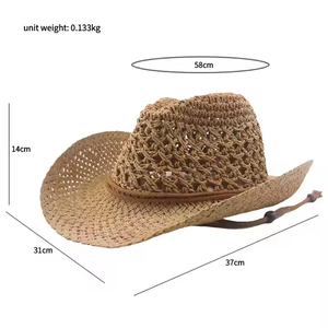 หมวกฟางคาวบอยดีไซน์สายคาดหมวกถักมือหมวกคาวบอยตะวันตกสำหรับผู้หญิงผู้ชายบังแดด - Product Image 2