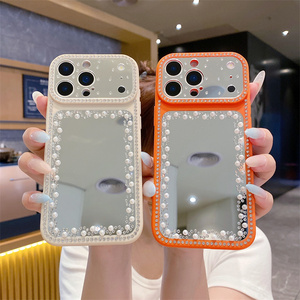 Coque de téléphone pour femme avec perles et paillettes effet miroir pour iPhone 17 Air 16 15 14 Pro Max, avec perles de diamant et cadre d'appareil photo floral DIY, coque arrière pour filles - Product Image 1