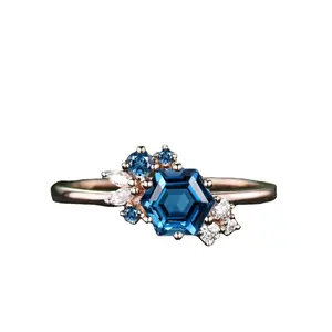 Шестиугольник вырезать Лондон Голубой топаз кольцо из стерлингового серебра и Винтаж обручальное кольцо из розового золота уникальный кластер обручальное кольцо
