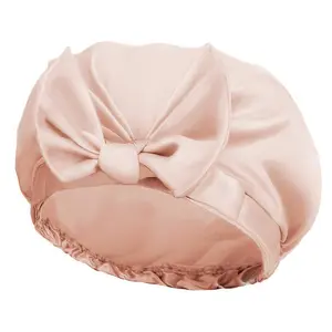 Wholesale Solid Color Elastic Custom Logo Sleeping Cap Bow Knot Night Silk Satin Hair Bonnet For Women